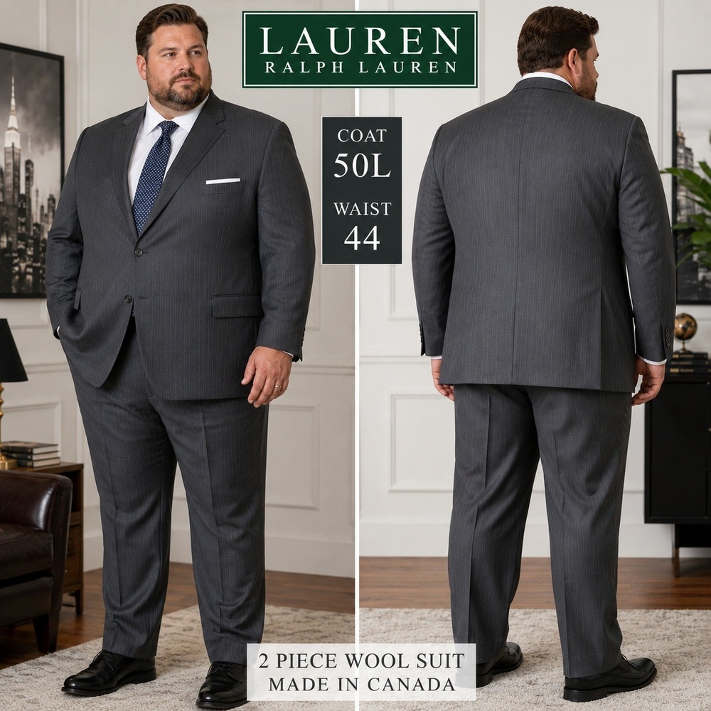 Lauren Ralph Lauren Mens 50L Grey Pinstripe 2 Piece Wool Suit Made in Canada